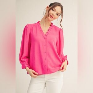 Pink ruffle flutter bubble button sleeve western blouse tunic top tank shirt